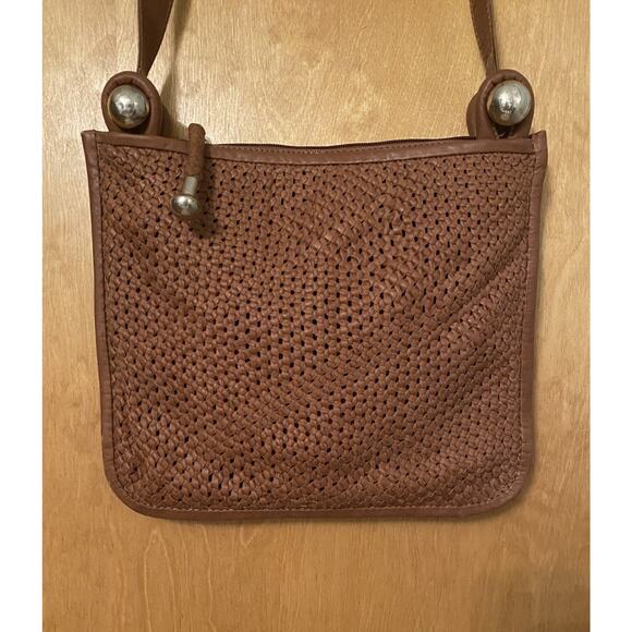 Perez Sanz 6400 Woven Leather Crossbody Shoulder Bag Basketweave Silver Tote - Picture 2 of 9